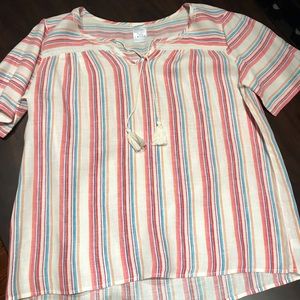 Lands End Multi Stripe linen top with tassel tie